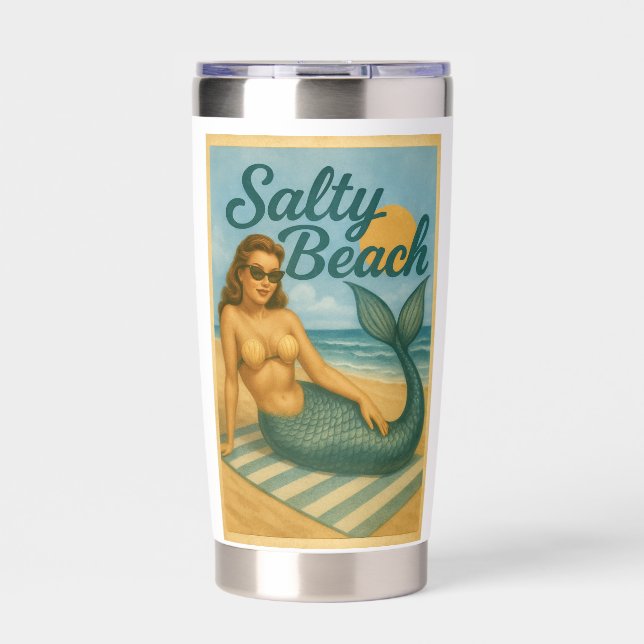 Salty Beach Pin-Up Mermaid -Retro Coastal Life Art Insulated Tumbler (Front)