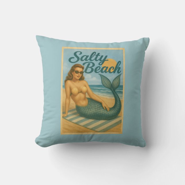 Salty Beach Retro Pin-Up Mermaid Art Coastal Decor Throw Pillow (Front)