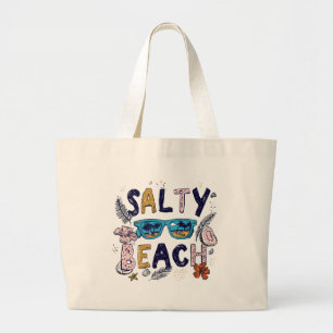 Salty Beach Retro Summer Vacation Graphic Tropical Large Tote Bag