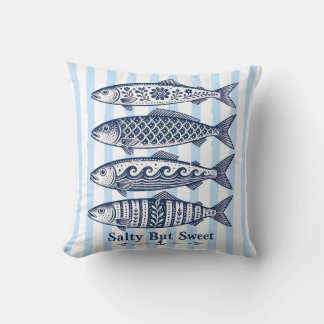 Salty But Sweet Blue Stripe Nautical Fish Throw Pillow