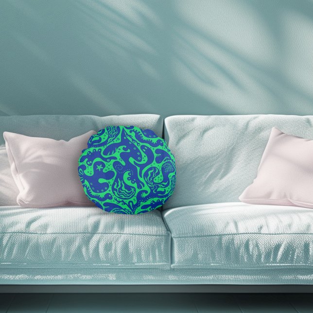 Salty Creatures Illustrated Pattern Round Pillow (Creator Uploaded)