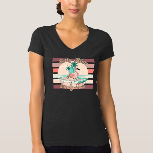 Salty Hair Dont Care Flamingo Ladies V_Neck Tee