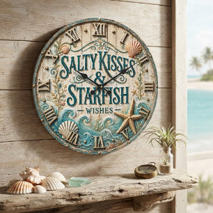 Salty Kisses & Starfish Wishes Coastal Beach House Large Clock