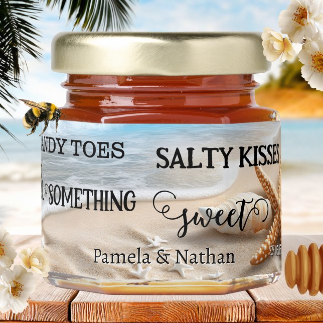 Salty Kisses Sweet Beach Destination Wedding Honey Jar Favors (Honey jar beach or destination wedding favor featuring an image of a starfish on the beach)