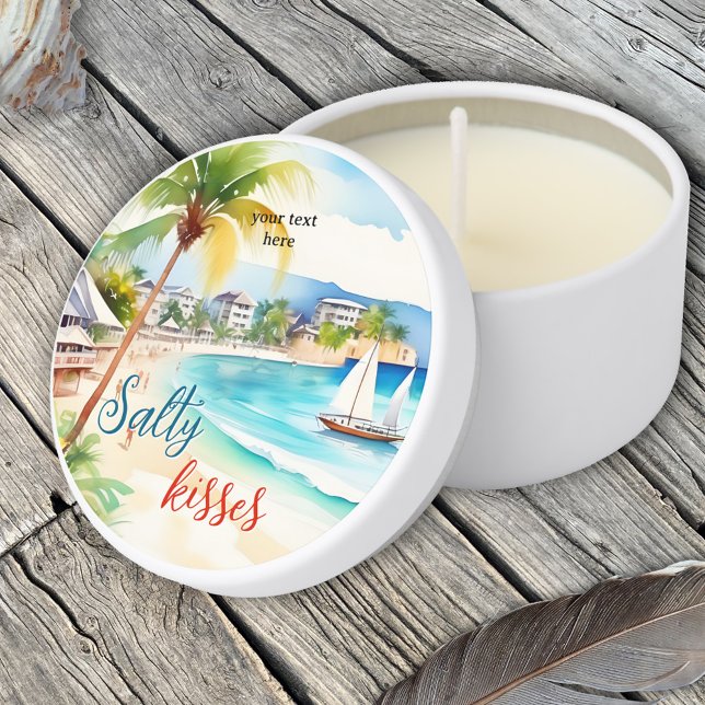 Salty Kisses Tropical Beach Mini Candle Favors (Mini candles featuring a watercolor painting of a tropical beach with a sailboat and palm tree)
