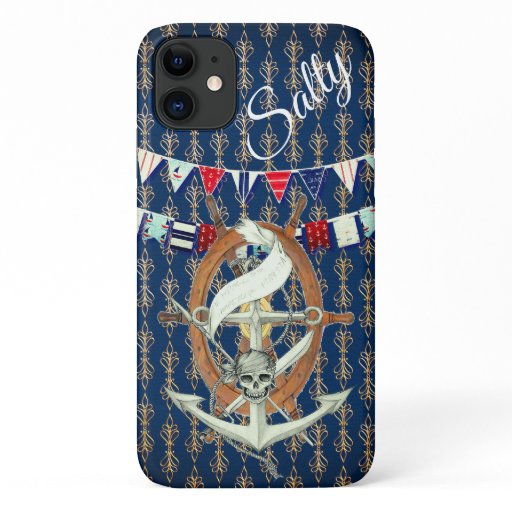 Salty Navy Helm, Anchor and Pirate Skull Nautical iPhone 11 Case