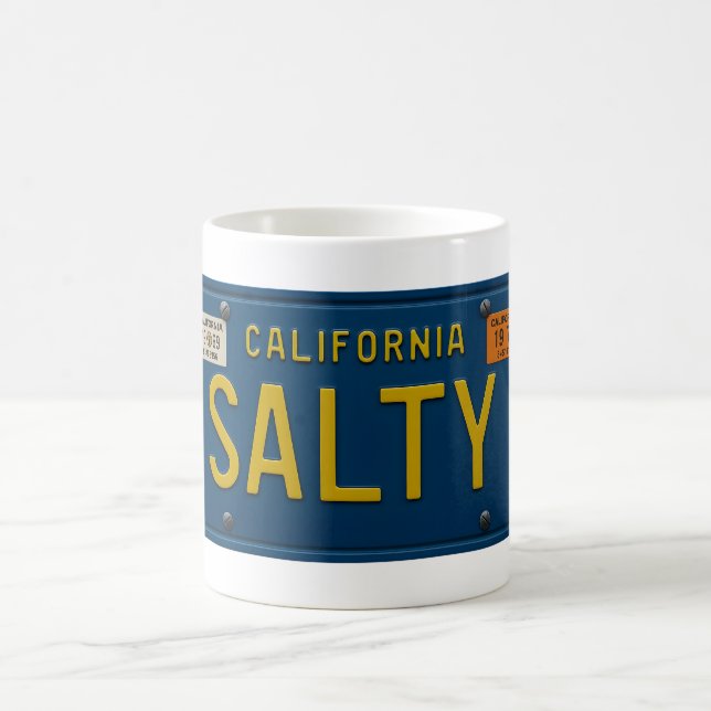 Salty -Retro 1969 California License Plate Graphic Coffee Mug (Center)