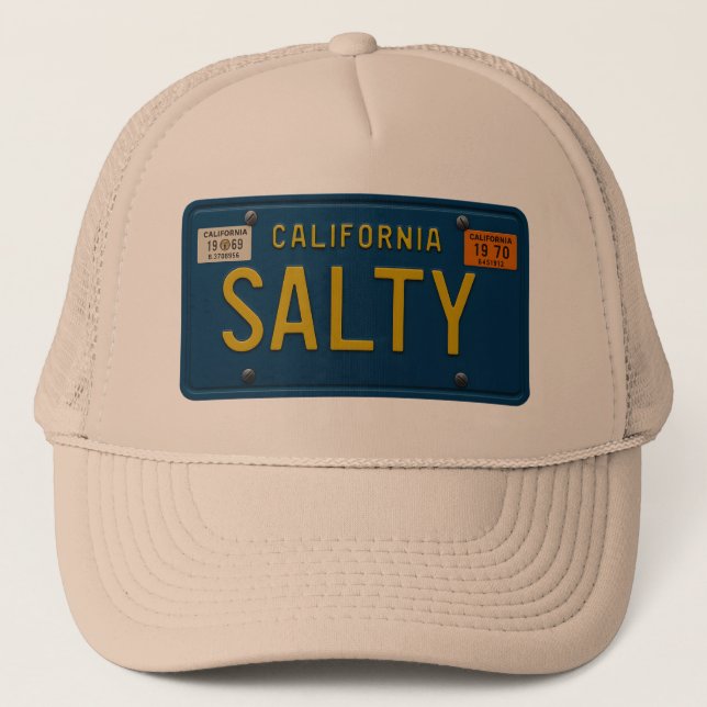 Salty -Retro 1969 California License Plate Graphic Trucker Hat (Front)
