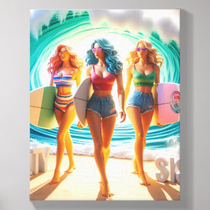 Salty Sisterhood Trio Girls Beach Walk Surfer Canvas Photo Tile