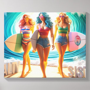 Salty Sisterhood Trio Girls Beach Walk Surfer Canvas Photo Tile