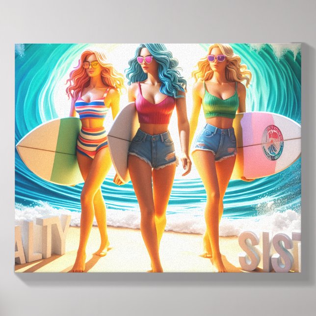 Salty Sisterhood Trio Girls Beach Walk Surfer Canvas Photo Tile (Front Set)