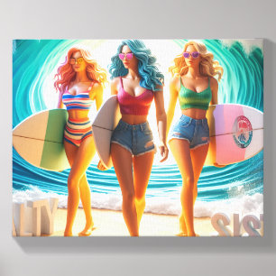 Salty Sisterhood Trio Girls Beach Walk Surfer Canvas Photo Tile