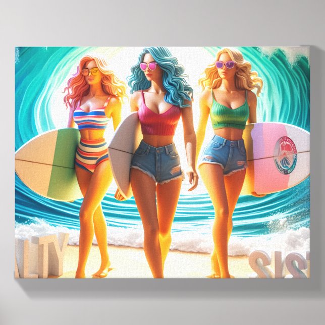 Salty Sisterhood Trio Girls Beach Walk Surfer Canvas Photo Tile (Front Set)
