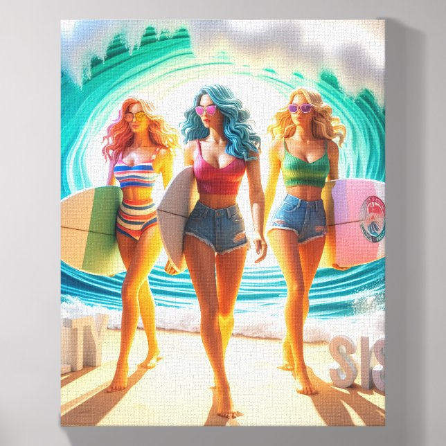 Salty Sisterhood Trio Girls Beach Walk Surfer Canvas Photo Tile (Front Set)