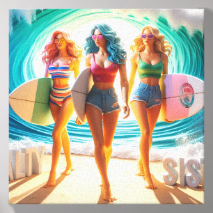 Salty Sisterhood Trio Girls Beach Walk Surfer Canvas Photo Tile