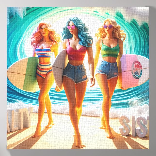 Salty Sisterhood Trio Girls Beach Walk Surfer Canvas Photo Tile (Front Set)