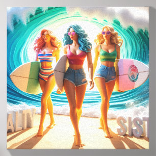 Salty Sisterhood Trio Girls Beach Walk Surfer Canvas Photo Tile