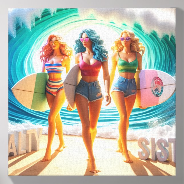 Salty Sisterhood Trio Girls Beach Walk Surfer Canvas Photo Tile (Front Set)