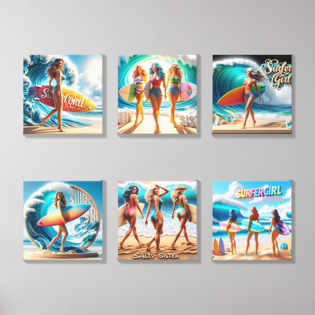 Salty Sisterhood Trio Girls Beach Walk Surfer Canvas Photo Tile (Front Set)