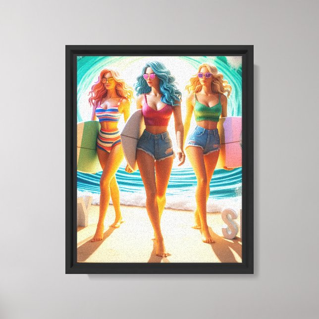Salty Sisterhood Trio Girls Beach Walk Surfer Canvas Print (Front)