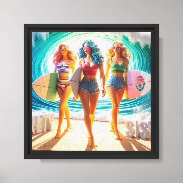 Salty Sisterhood Trio Girls Beach Walk Surfer Canvas Print (Front)