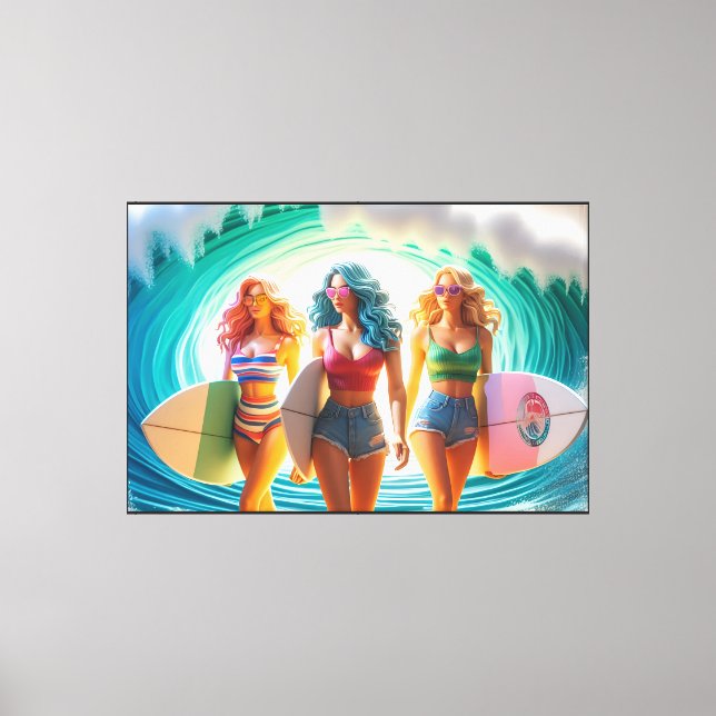 Salty Sisterhood Trio Girls Beach Walk Surfer Canvas Print (Front)