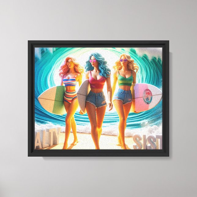 Salty Sisterhood Trio Girls Beach Walk Surfer Canvas Print (Front)