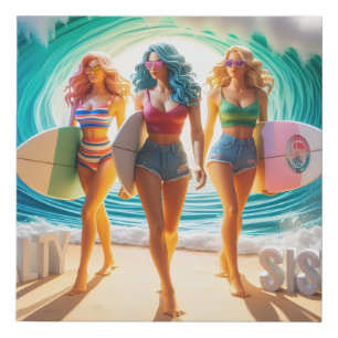 Salty Sisterhood Trio Girls Beach Walk Surfer Faux Canvas Print