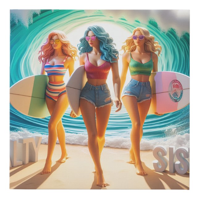 Salty Sisterhood Trio Girls Beach Walk Surfer Faux Canvas Print (Front)