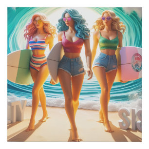 Salty Sisterhood Trio Girls Beach Walk Surfer Faux Canvas Print