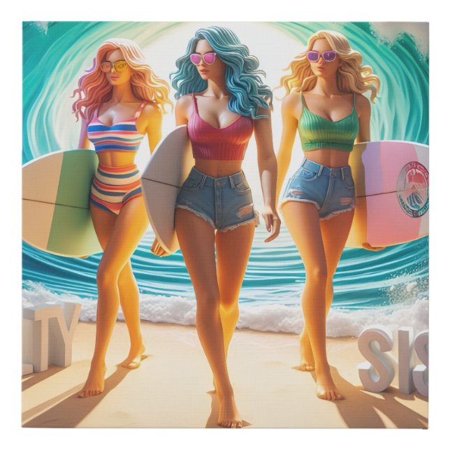Salty Sisterhood Trio Girls Beach Walk Surfer Faux Canvas Print (Front)