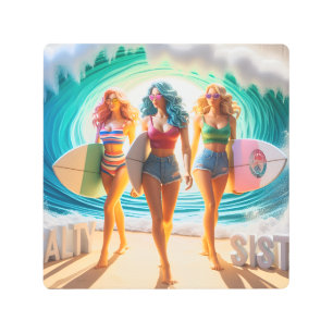 Salty Sisterhood Trio Girls Beach Walk Surfer Metal Print