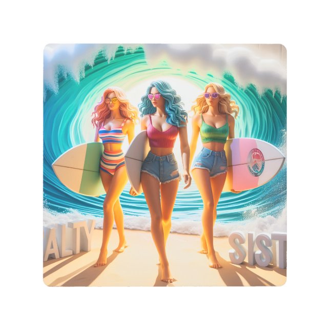 Salty Sisterhood Trio Girls Beach Walk Surfer Metal Print (Front)