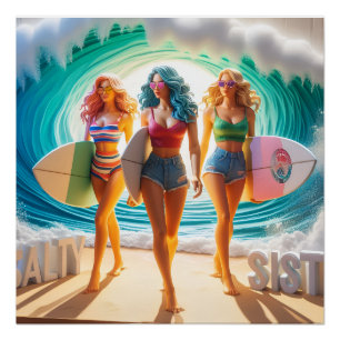 Salty Sisterhood Trio Girls Beach Walk Surfer Poster
