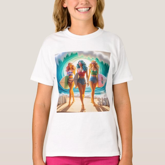Salty Sisterhood Trio Girls Beach Walk Surfer T-Shirt (Front)