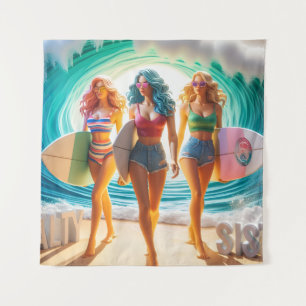 Salty Sisterhood Trio Girls Beach Walk Surfer Tapestry