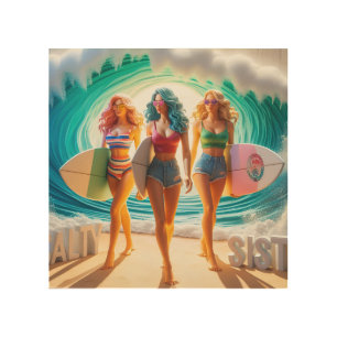 Salty Sisterhood Trio Girls Beach Walk Surfer Wood Wall Art