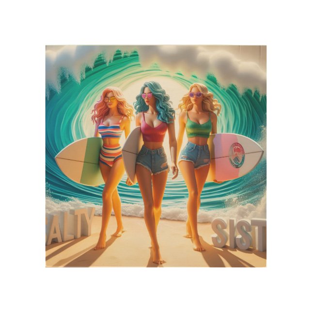 Salty Sisterhood Trio Girls Beach Walk Surfer Wood Wall Art (Front)