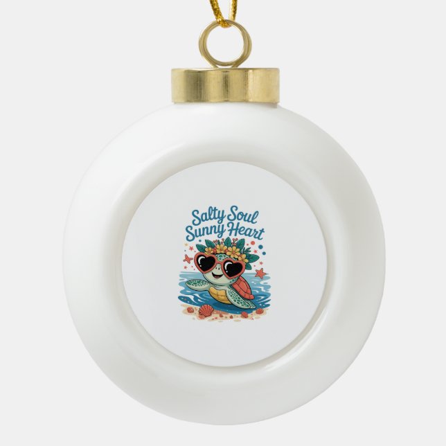 Salty Soul Sunny Heart Turtle Summer Ceramic Ball Christmas Ornament (Front)