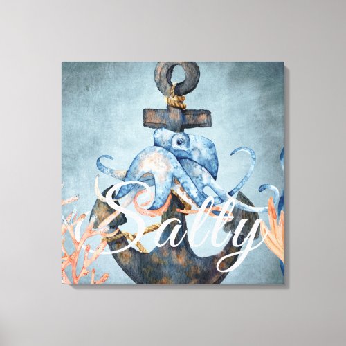 Salty Watercolor Octopus and Anchor Nautical Beach Canvas Print