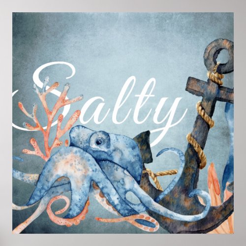 Salty Watercolor Octopus and Anchor Nautical Beach Poster