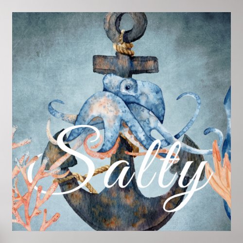 Salty Watercolor Octopus and Anchor Sea Life Beach Poster