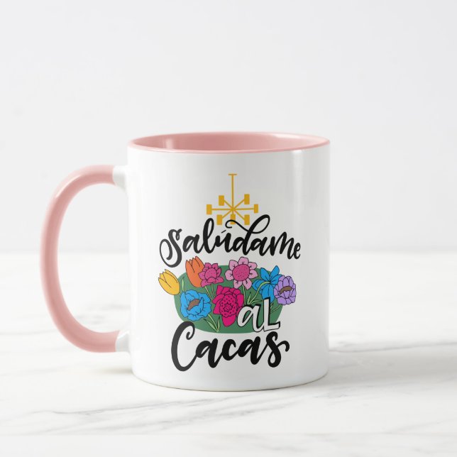Saludame al Cacas, hand drawn artwork, pink Mug (Left)