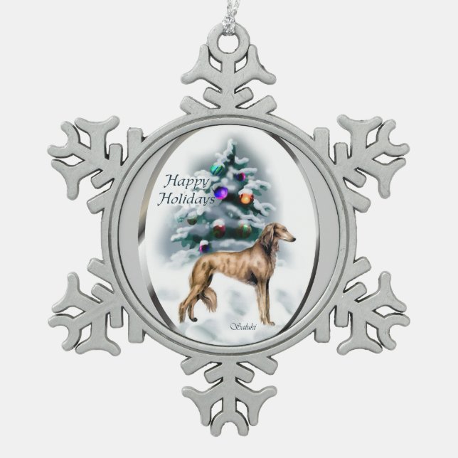 Saluki Christmas Snowflake Pewter Christmas Ornament (Front)