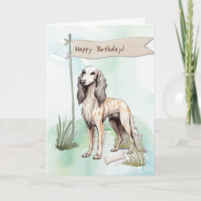 Saluki Dog Breed Outdoors Under Birthday Sign Card (Front)