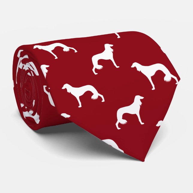 Saluki Dog Silhouettes Pattern Red and White Tie (Rolled)