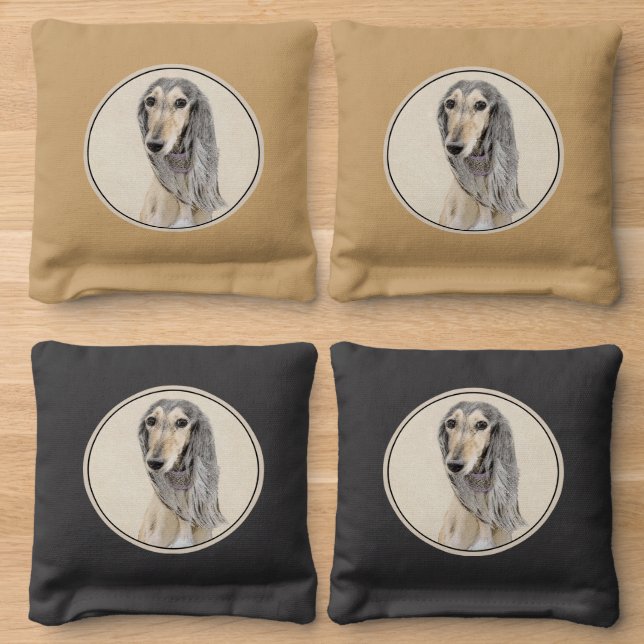 Saluki (Fawn) Painting - Cute Original Dog Art Cornhole Bags (Wood)