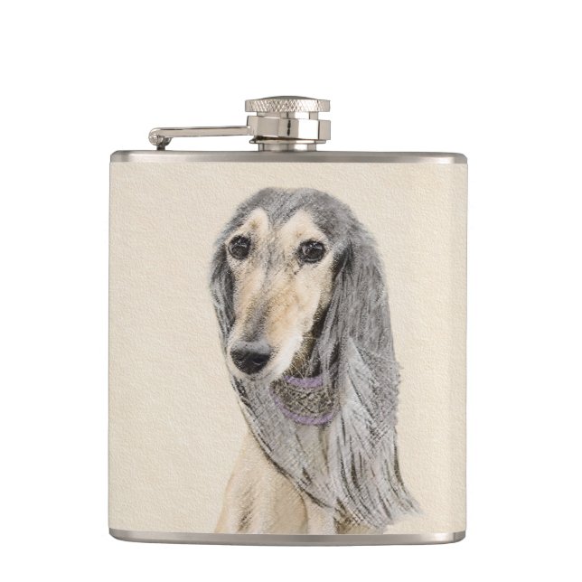 Saluki (Fawn) Painting - Cute Original Dog Art Flask (Front)