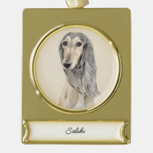 Saluki (Fawn) Painting - Cute Original Dog Art Gol Gold Plated Banner Ornament