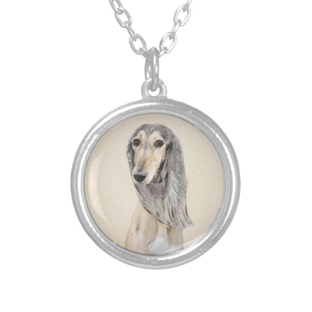 Saluki (Fawn) Painting - Cute Original Dog Art Silver Plated Necklace (Front)